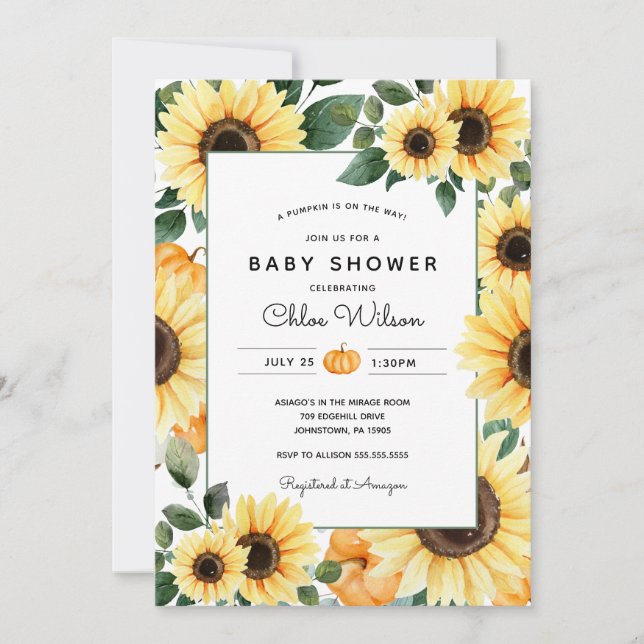 Invitación Baby Shower de Sunflowers y Pumpkins (Anverso)