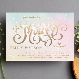 Invitación Baby Shower de Surprise Boy o Chica Gold Letters