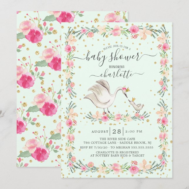 Invitación Baby Shower de Swan de bebé y mamá dulce (Anverso / Reverso)