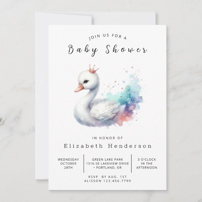 Invitación Baby Shower de Swan editable bohemio (Anverso)