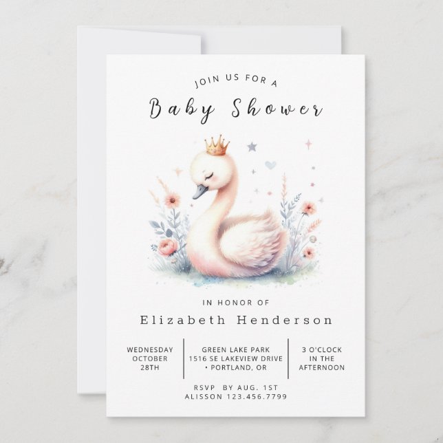 Invitación Baby Shower de Swan editable en ruso (Anverso)