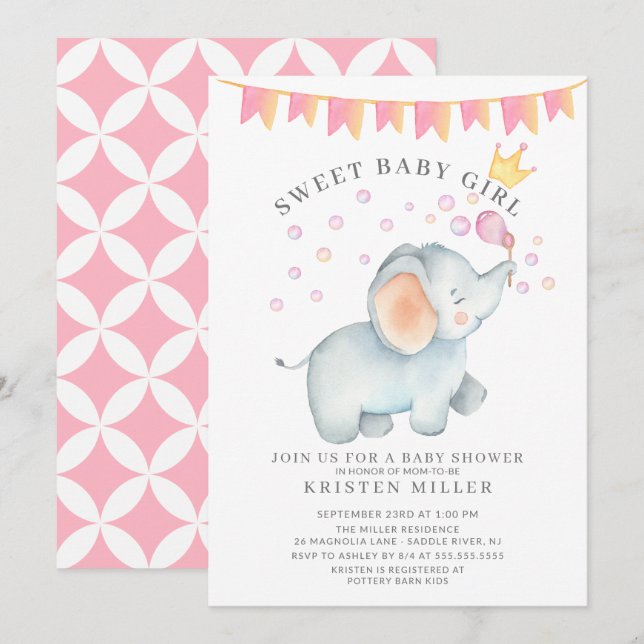 Invitación Baby Shower de Sweet Baby Girl (Anverso / Reverso)