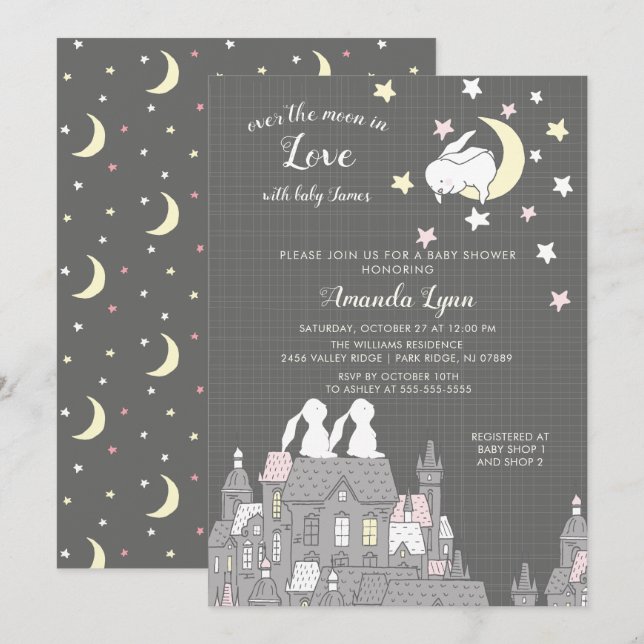Invitación Baby Shower de Sweet Bunny Love Moon (Anverso / Reverso)
