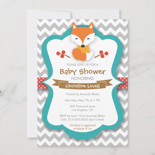 Invitación Baby Shower de Sweet Fox Red & Turquois (Anverso)