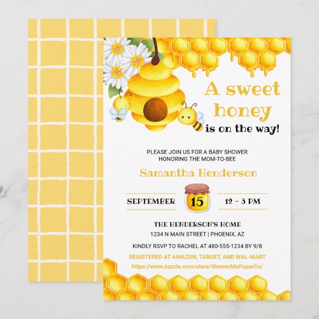 Invitación Baby Shower de Sweet Honey Bee (Anverso / Reverso)
