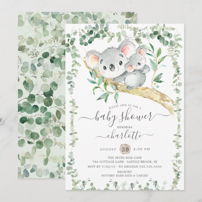 Invitación Baby Shower de Sweet Koala Bear (Anverso / Reverso)