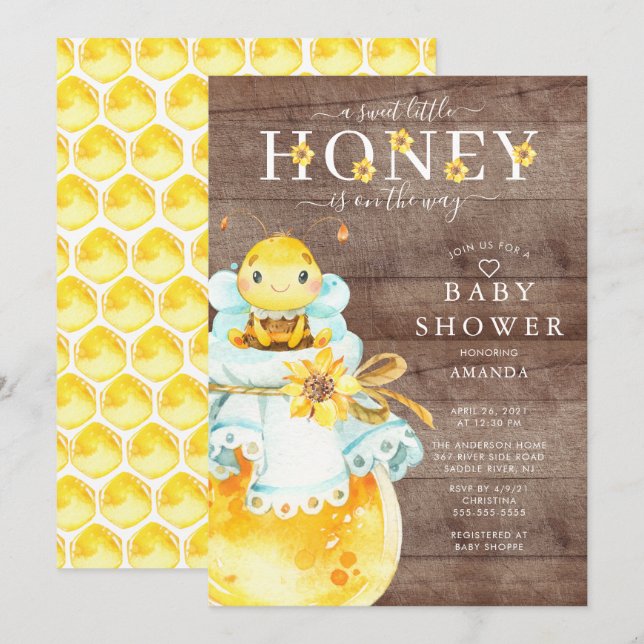 Invitación Baby Shower de Sweet Little Honey Bee (Anverso / Reverso)