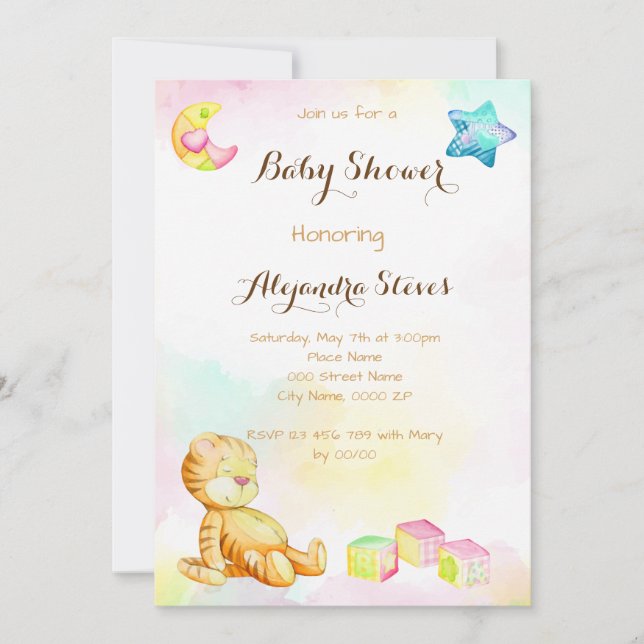 Invitación Baby Shower de Sweet Watercolor Tigre (Anverso)