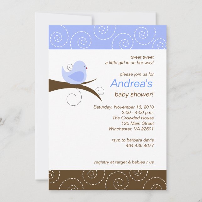 Invitación Baby Shower de Swirly bird Blue Boy (Anverso)
