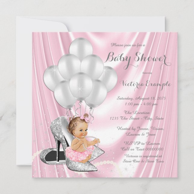 Invitación Baby Shower de tacón alto de Pearl gris rosada (Anverso)