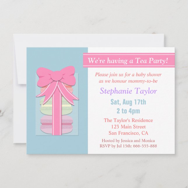 Invitación Baby Shower de té de Macarons, Azul y Rosa (Anverso)