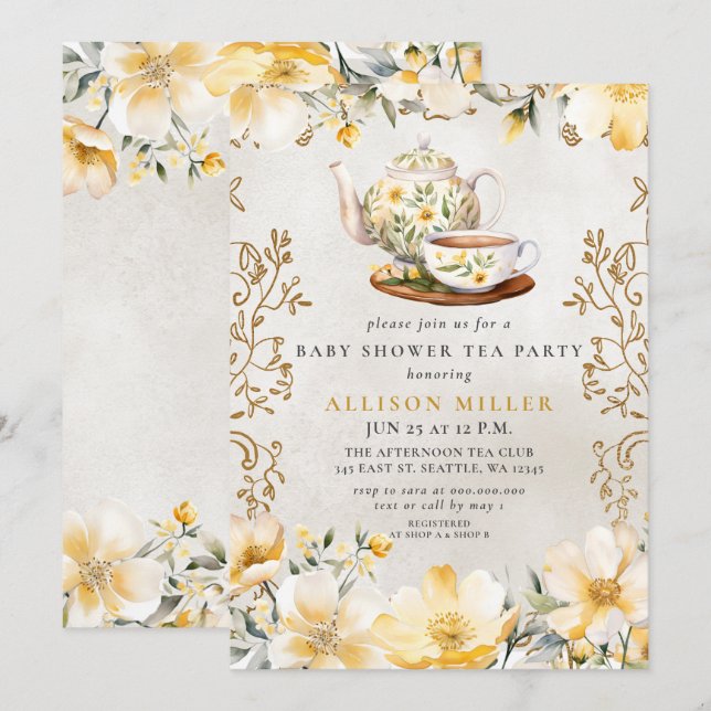 Invitación Baby Shower de té neutro de género floral amarillo (Anverso / Reverso)