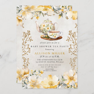 Invitación Baby Shower de té neutro de género floral amarillo
