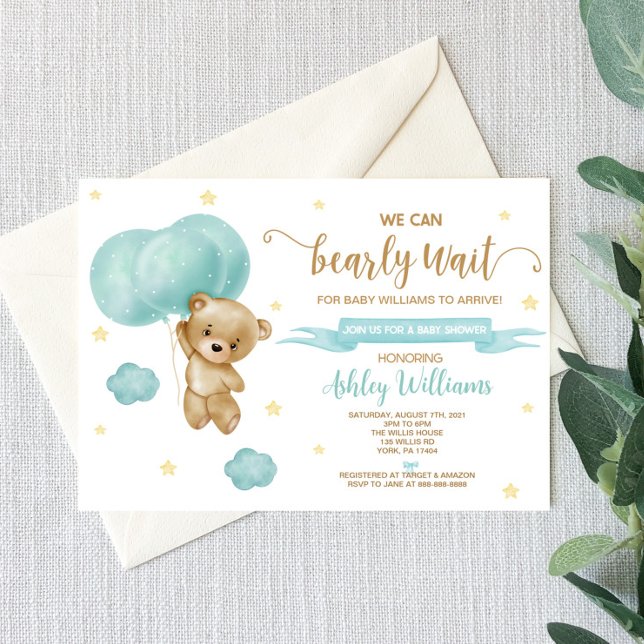 Invitación Baby Shower de Teddy Bear and Blue Balloons (Subido por el creador)