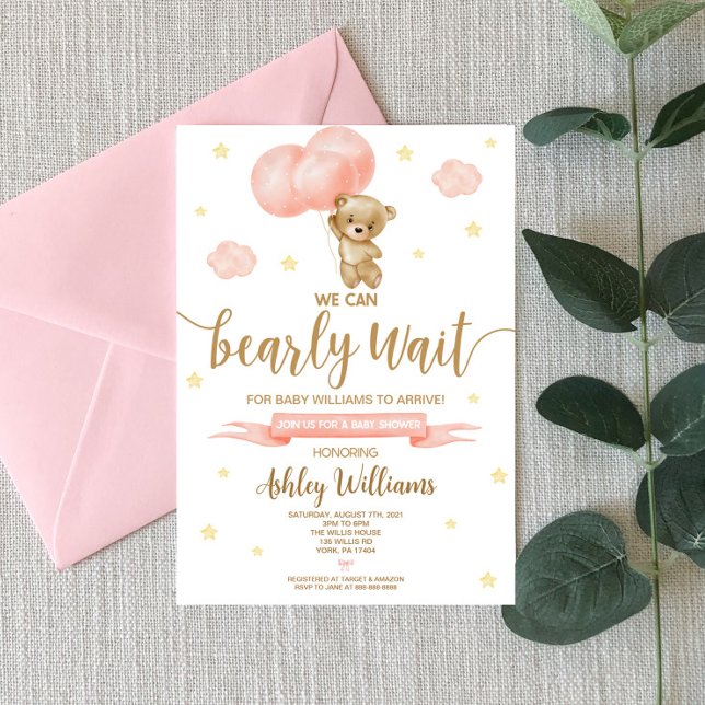 Invitación Baby Shower de Teddy Bear and Pink Balloons (Subido por el creador)