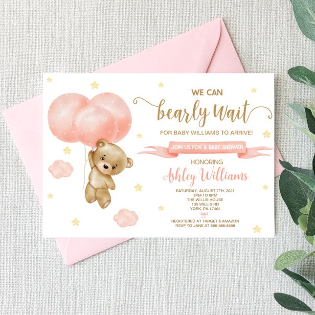 Invitación Baby Shower de Teddy Bear and Pink Balloons (Subido por el creador)