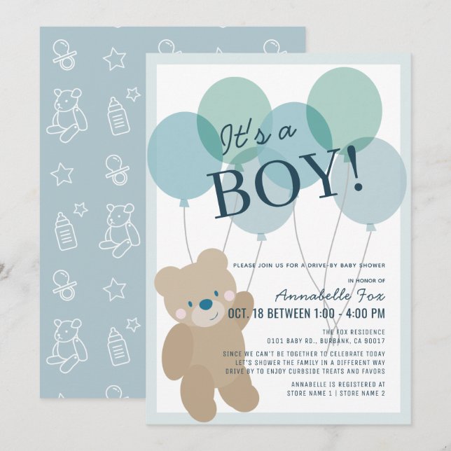 Invitación Baby Shower de Teddy Bear Balloon Blue Boy (Anverso / Reverso)