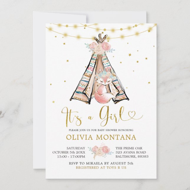Invitación Baby Shower de Teepee Pink Floral Fox (Anverso)
