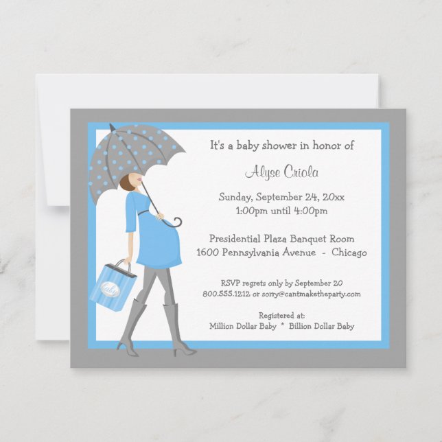 Invitación Baby Shower De Tiendas Azul Y Gris (Anverso)