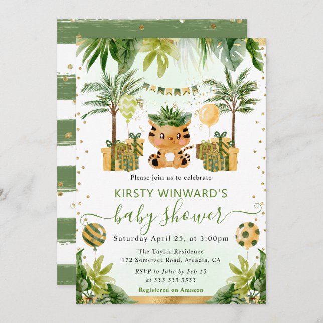 Invitación Baby Shower de tigre de jungla acuática (Anverso / Reverso)