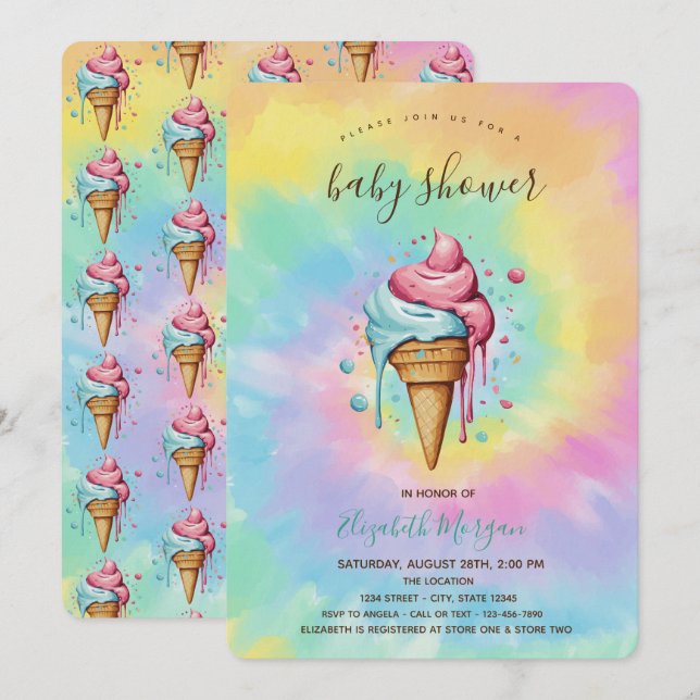 Invitación Baby Shower de tinte de verano de helados de goteo (Anverso / Reverso)