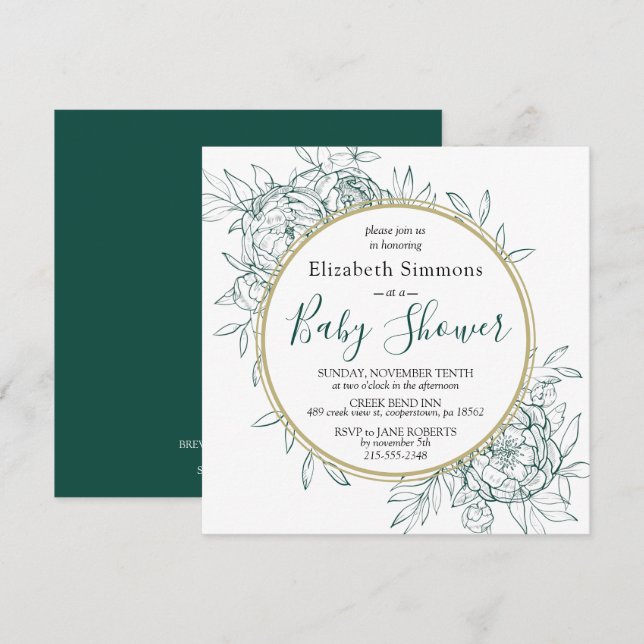 Invitación Baby Shower de toile floral Emerald & Gold Peony (Anverso / Reverso)