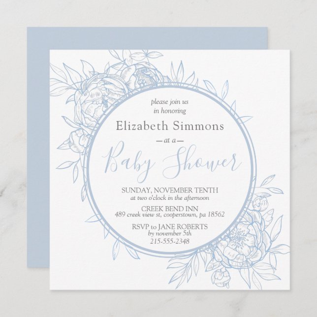 Invitación Baby Shower de toile floral moderno Light Blue Peo (Anverso / Reverso)