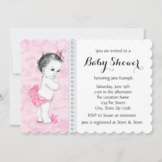 Invitación Baby Shower de Toile Rosa (Anverso)