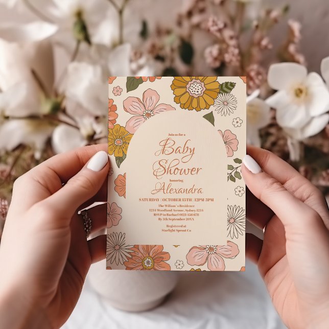 Invitación Baby Shower de tonos apagados con temas de los 70  (Subido por el creador)