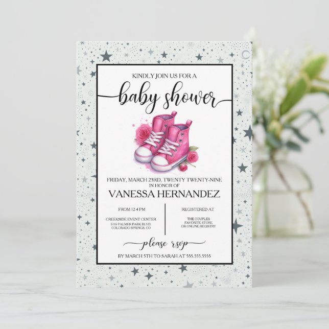 Invitación Baby Shower de Tops altos para bebés rosados (Anverso de pie)