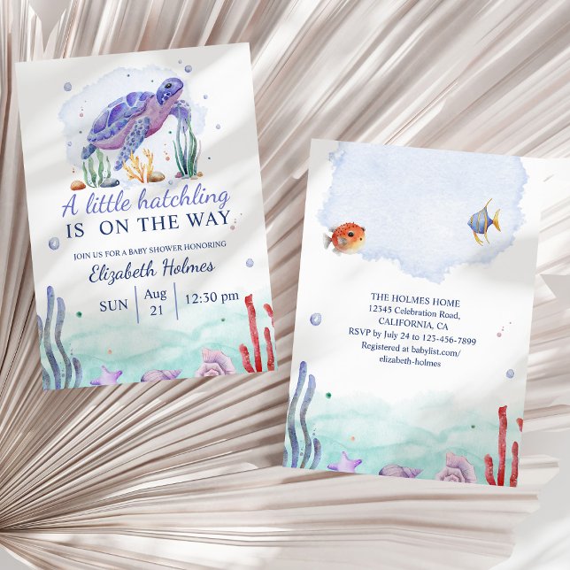 Invitación Baby Shower de tortuga acuática (Watercolor Nautical Turtle Baby Shower Invitation on a sunny white dry palm leaf.)