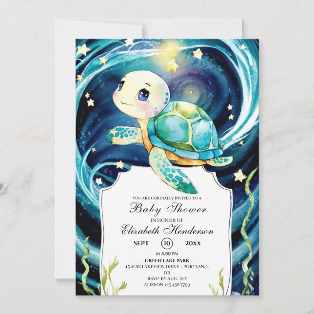 Invitación Baby Shower de tortuga dulce encantada (Anverso)