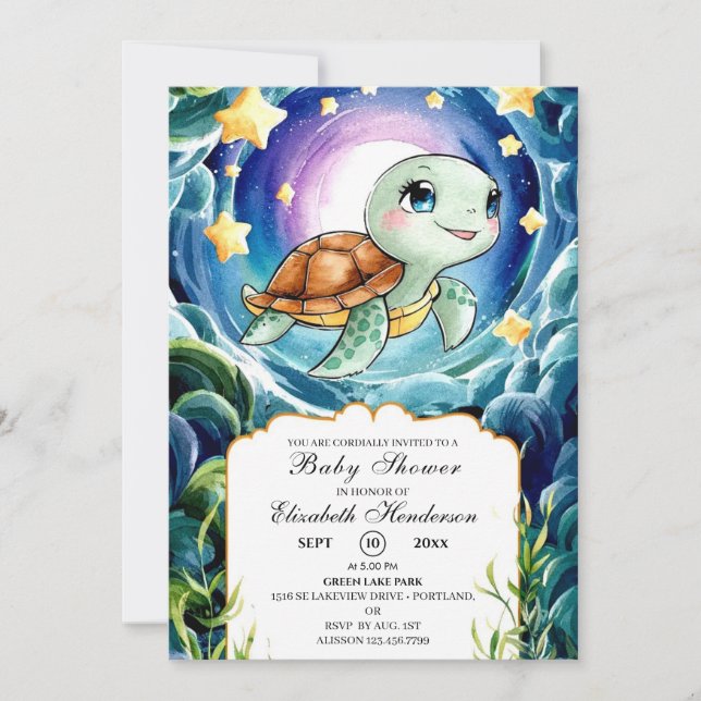 Invitación Baby Shower de tortuga marina simple mágica (Anverso)