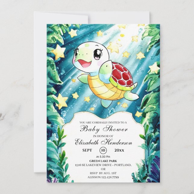 Invitación Baby Shower de tortuga pastoral subacuática (Anverso)