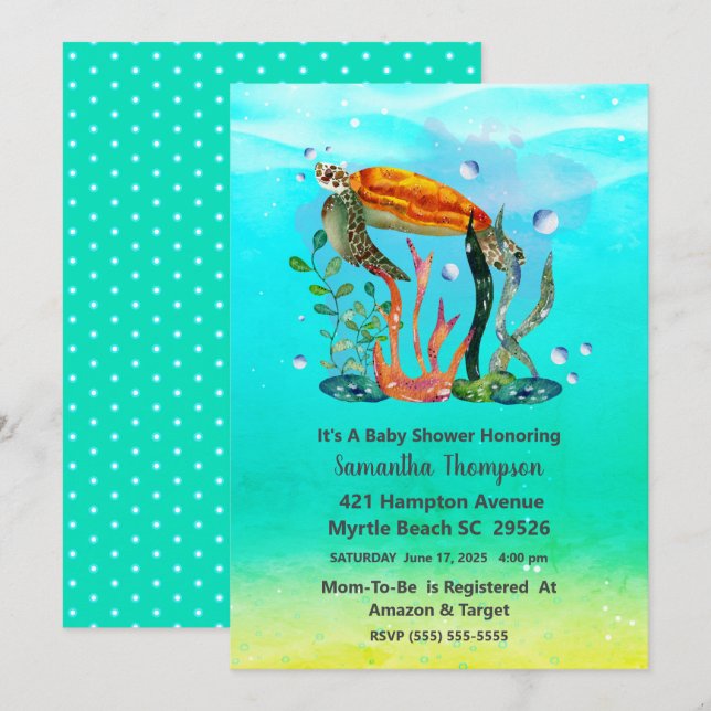 Invitación Baby Shower de tortuga submarina (Anverso / Reverso)