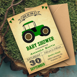 Invitación Baby Shower de Tractor de Granja Verde