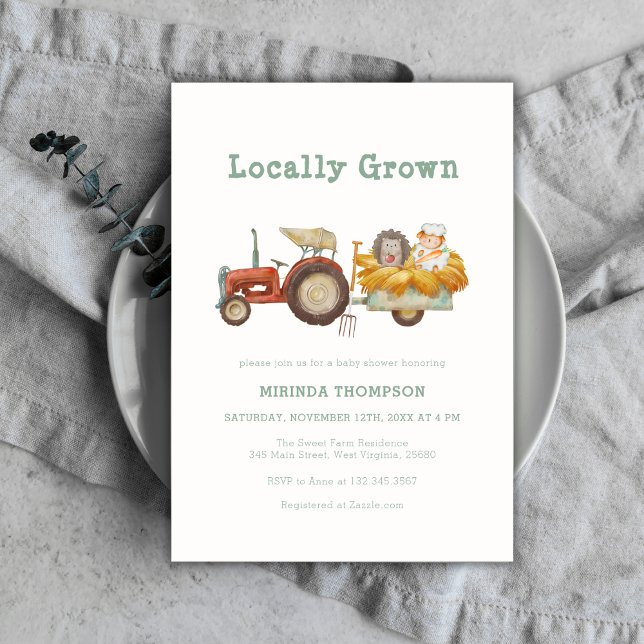 Invitación Baby Shower de Tractor de Granjas de Cura Verde (Cute Green Locally Grown Farm Tractor Baby Shower Invitation)