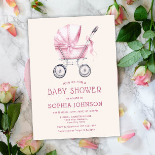 Invitación Baby Shower de transporte para bebés de color rosa