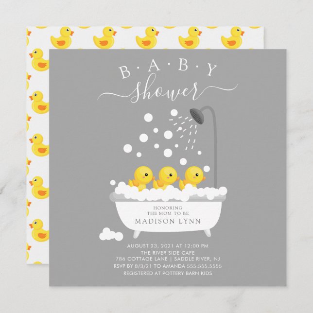 Invitación Baby Shower de trillizos de pato de caucho (Anverso / Reverso)