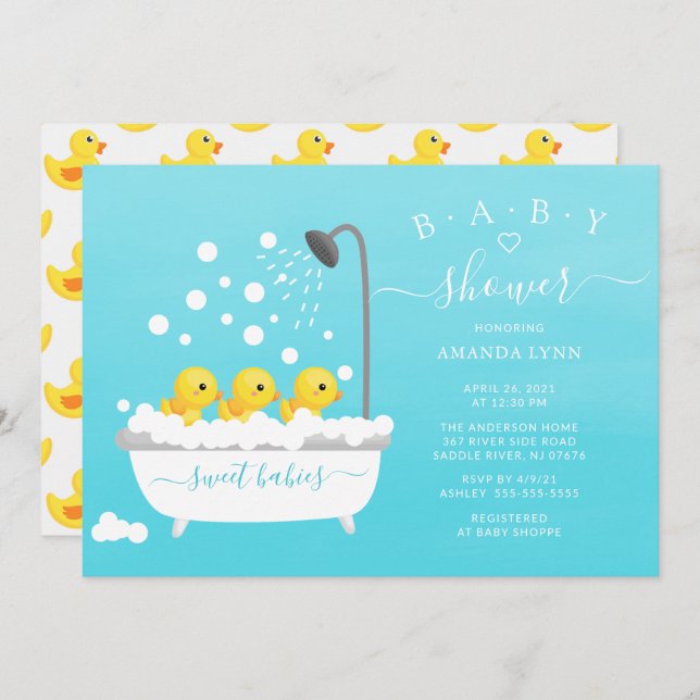 Invitación Baby Shower de trillizos de pato de caucho (Anverso / Reverso)