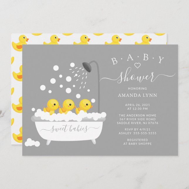 Invitación Baby Shower de trillizos de pato de caucho (Anverso / Reverso)