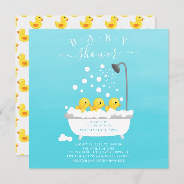 Invitación Baby Shower de trillizos de pato de caucho (Anverso / Reverso)