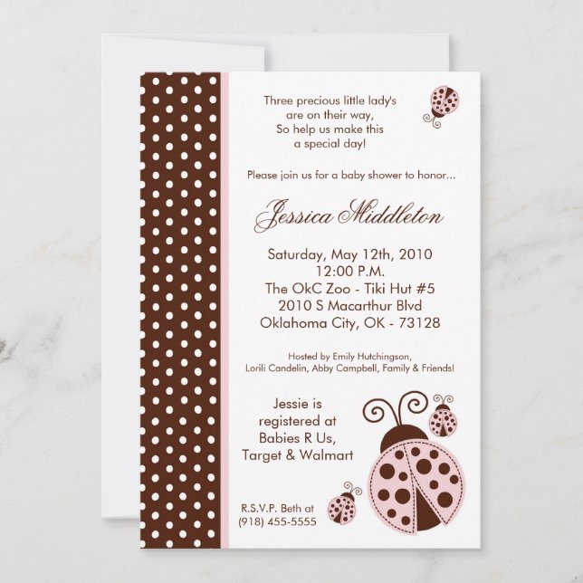 Invitación Baby Shower de TRIPLET Lady Bug Polka (Anverso)