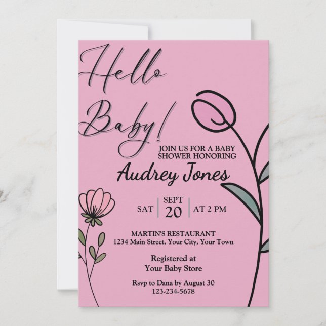 Invitación Baby Shower de Tulipán rosa y Niña Flor (Anverso)