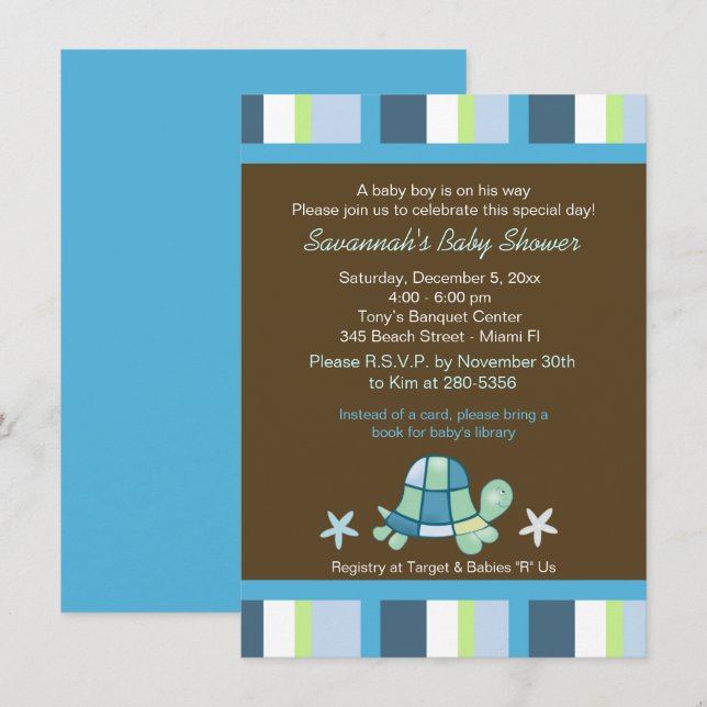 Invitación Baby Shower de Turtle Bay Stripes Boy (Anverso / Reverso)
