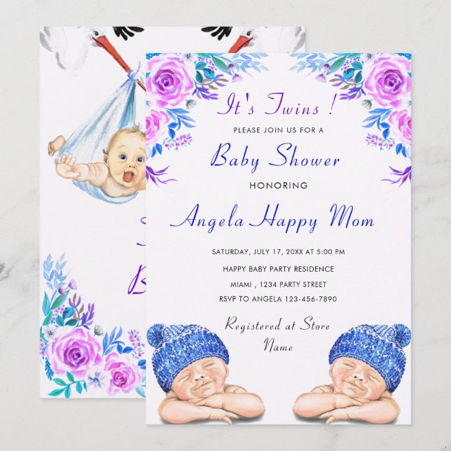 Invitación Baby Shower de tus gemelos (Anverso / Reverso)