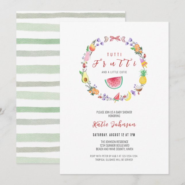 Invitación Baby Shower de Tutti Frutti, ducha tropical de ver (Anverso / Reverso)