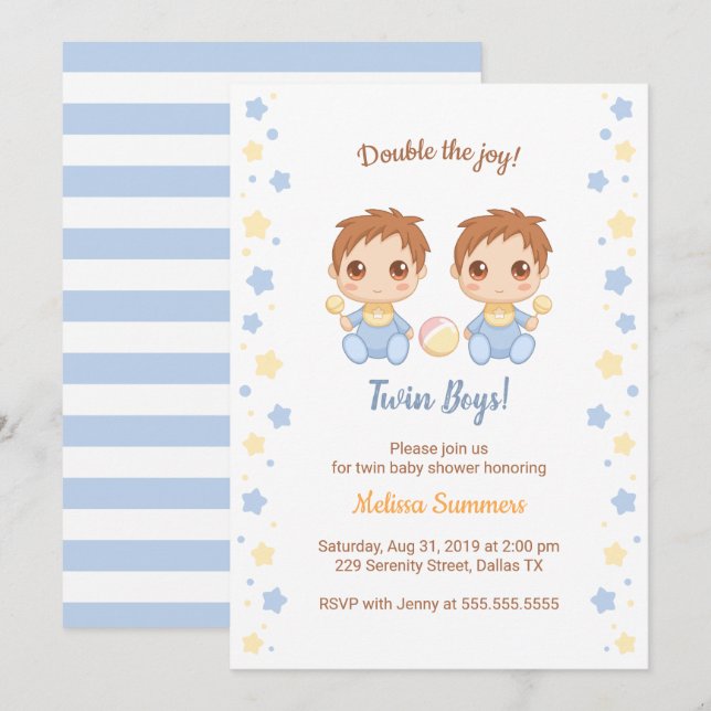 Invitación Baby Shower de Twin Boys (Anverso / Reverso)