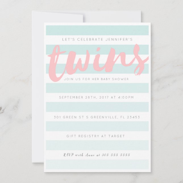Invitación Baby Shower de Twins Blue Pink Striped (Anverso)