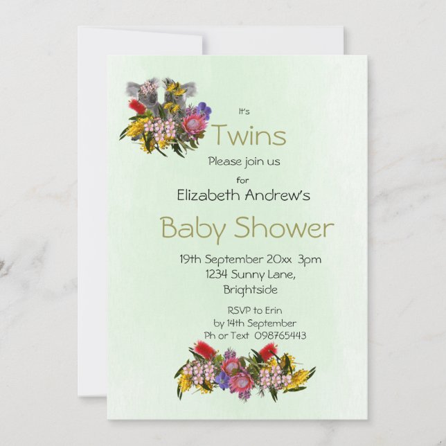 Invitación Baby Shower de Twins Floral Wild Koalas (Anverso)